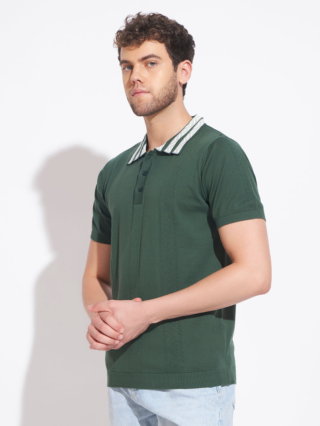 AEDENBURG Men Contrast Jacquard-Stripe Collar Polo Regular Fit Cotton Blend T-Shirt