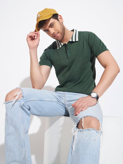 AEDENBURG Men Contrast Jacquard-Stripe Collar Polo Regular Fit Cotton Blend T-Shirt