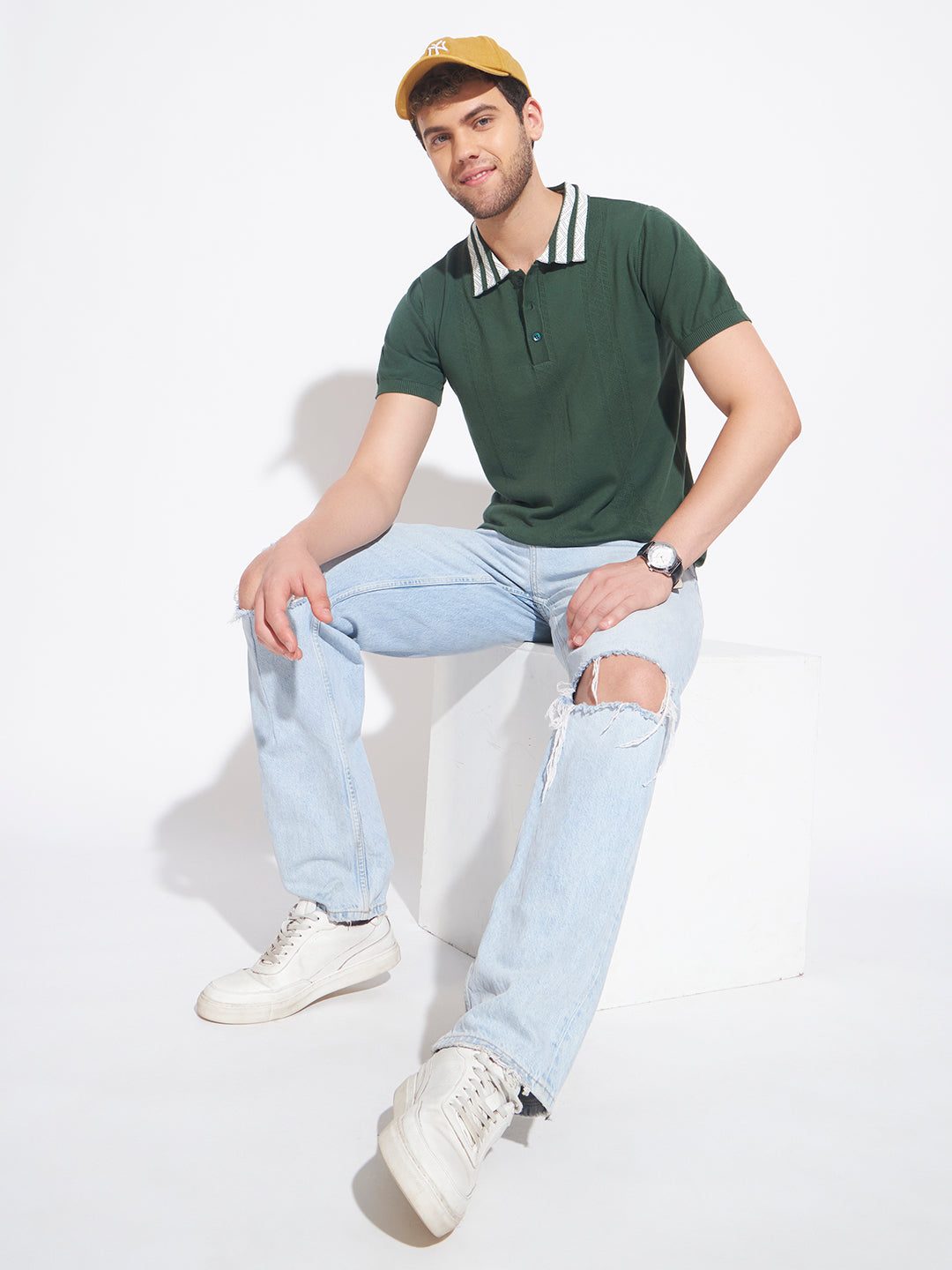 AEDENBURG Men Contrast Jacquard-Stripe Collar Polo Regular Fit Cotton Blend T-Shirt