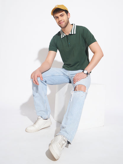AEDENBURG Men Contrast Jacquard-Stripe Collar Polo Regular Fit Cotton Blend T-Shirt