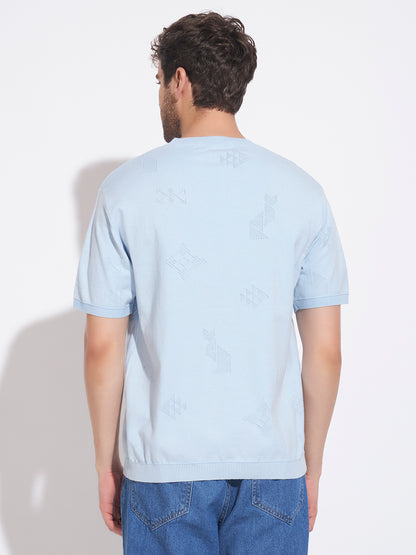 AEDENBURG Men Pointelle Geometric-Motif Round Neck Regular Fit Knitted Cotton Blend T-Shirt