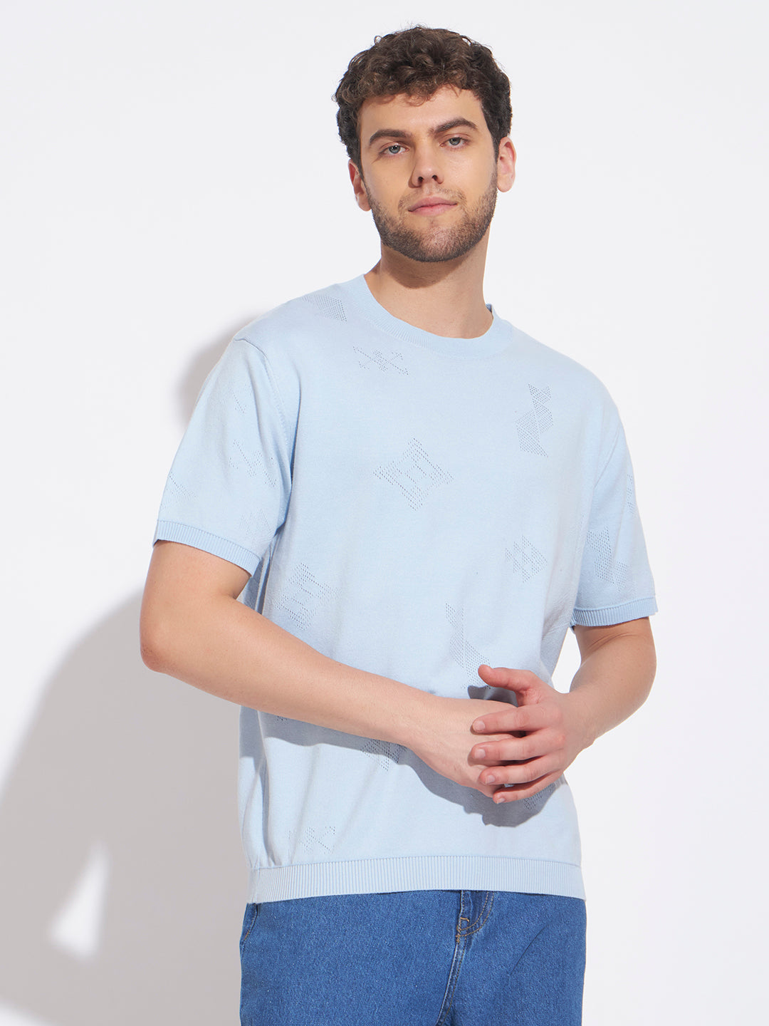 AEDENBURG Men Pointelle Geometric-Motif Round Neck Regular Fit Knitted Cotton Blend T-Shirt