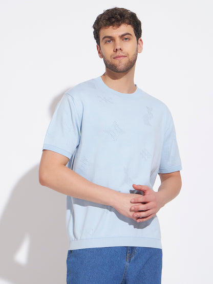 AEDENBURG Men Pointelle Geometric-Motif Round Neck Regular Fit Knitted Cotton Blend T-Shirt