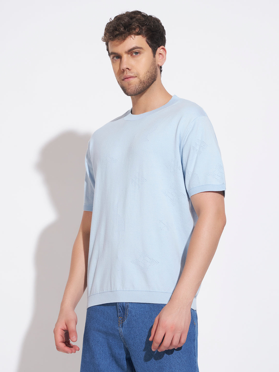 AEDENBURG Men Pointelle Geometric-Motif Round Neck Regular Fit Knitted Cotton Blend T-Shirt