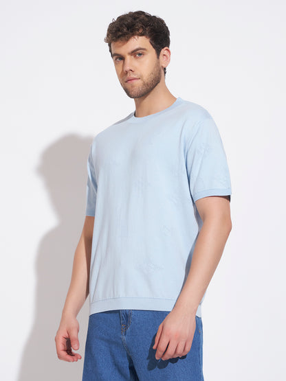 AEDENBURG Men Pointelle Geometric-Motif Round Neck Regular Fit Knitted Cotton Blend T-Shirt