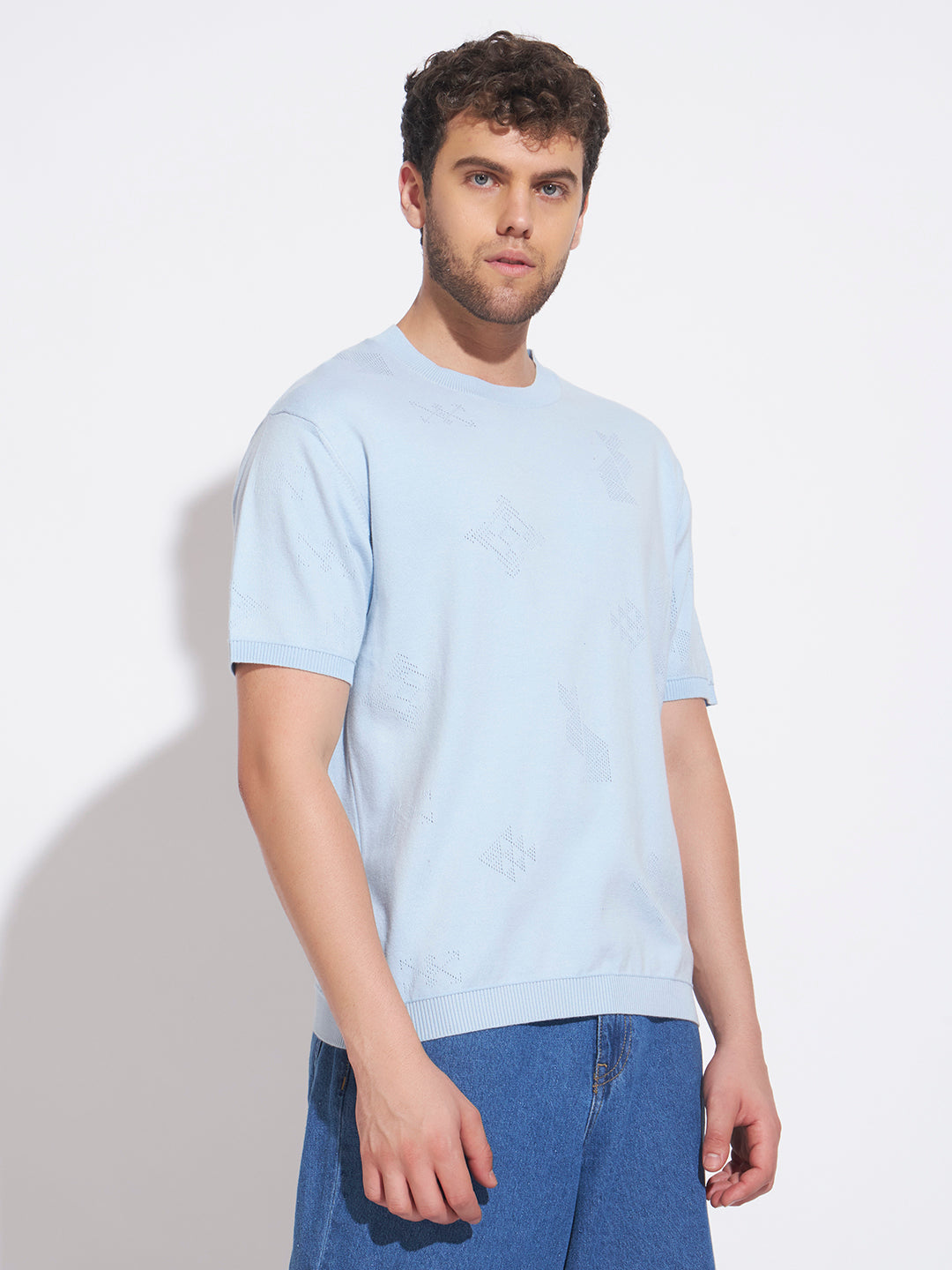 AEDENBURG Men Pointelle Geometric-Motif Round Neck Regular Fit Knitted Cotton Blend T-Shirt
