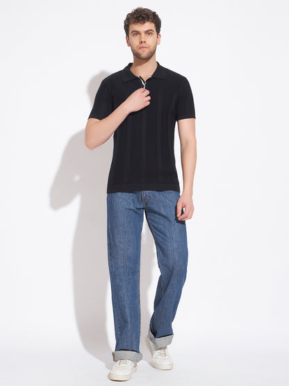 AEDENBURG Men Mixed Texture Waffle & Rib Panel Polo Slim Fit Knitted Cotton Blend T-Shirt