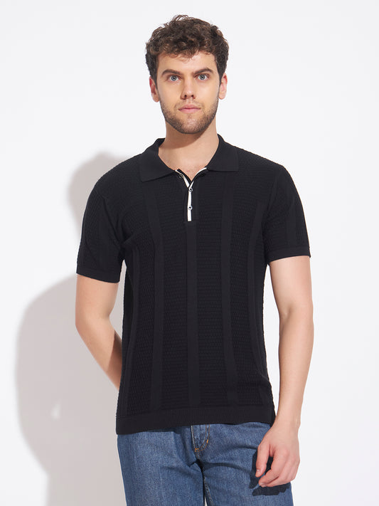 AEDENBURG Men Mixed Texture Waffle & Rib Panel Polo Slim Fit Knitted Cotton Blend T-Shirt