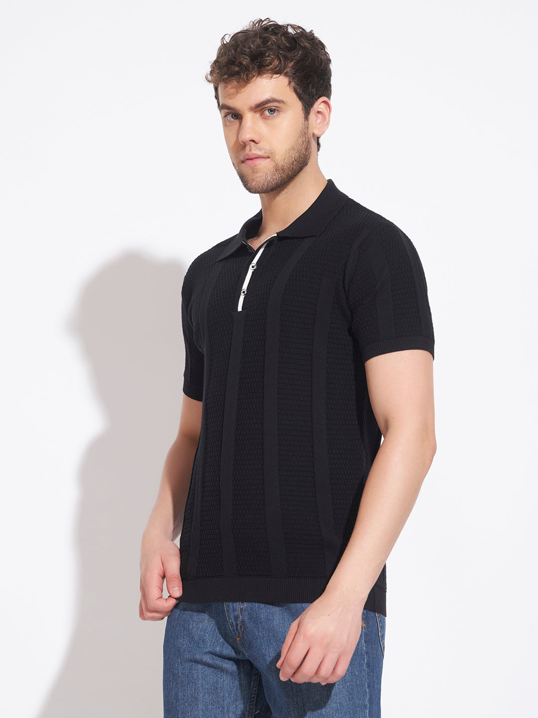 AEDENBURG Men Mixed Texture Waffle & Rib Panel Polo Slim Fit Knitted Cotton Blend T-Shirt