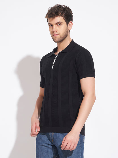 AEDENBURG Men Mixed Texture Waffle & Rib Panel Polo Slim Fit Knitted Cotton Blend T-Shirt