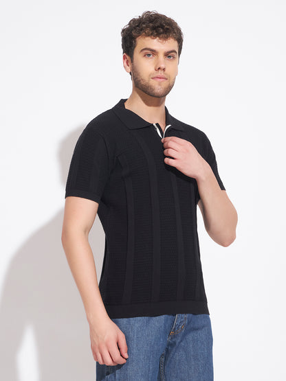 AEDENBURG Men Mixed Texture Waffle & Rib Panel Polo Slim Fit Knitted Cotton Blend T-Shirt