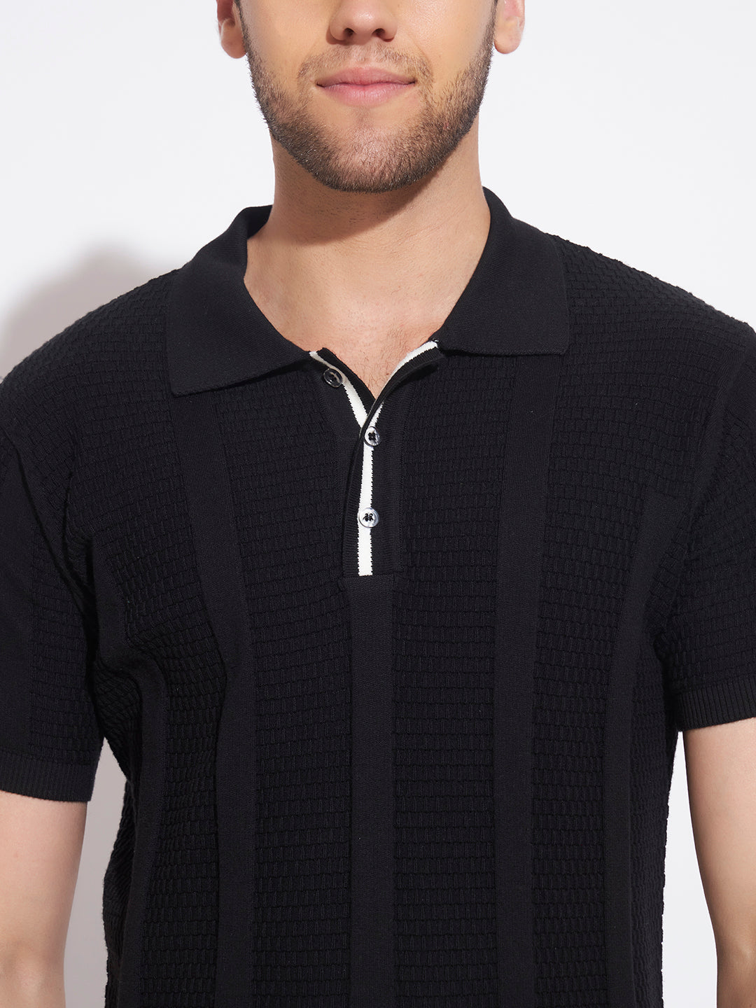 AEDENBURG Men Mixed Texture Waffle & Rib Panel Polo Slim Fit Knitted Cotton Blend T-Shirt