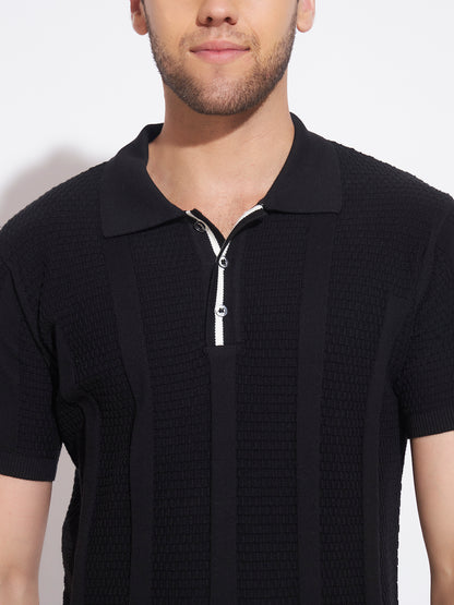 AEDENBURG Men Mixed Texture Waffle & Rib Panel Polo Slim Fit Knitted Cotton Blend T-Shirt