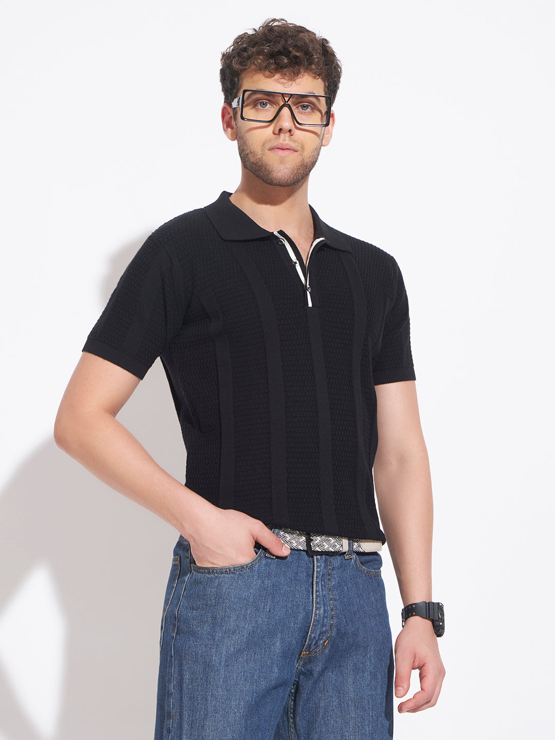 AEDENBURG Men Mixed Texture Waffle & Rib Panel Polo Slim Fit Knitted Cotton Blend T-Shirt