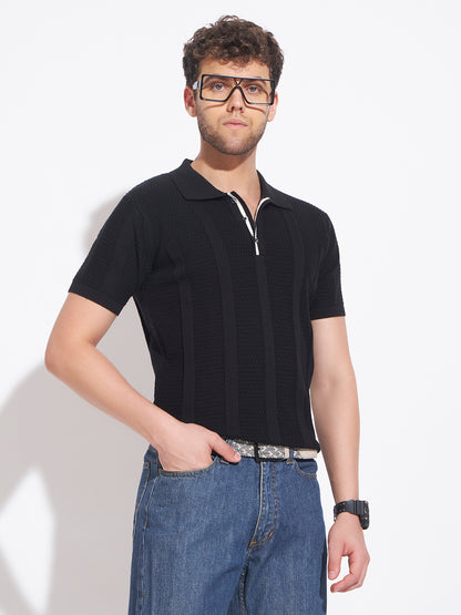 AEDENBURG Men Mixed Texture Waffle & Rib Panel Polo Slim Fit Knitted Cotton Blend T-Shirt