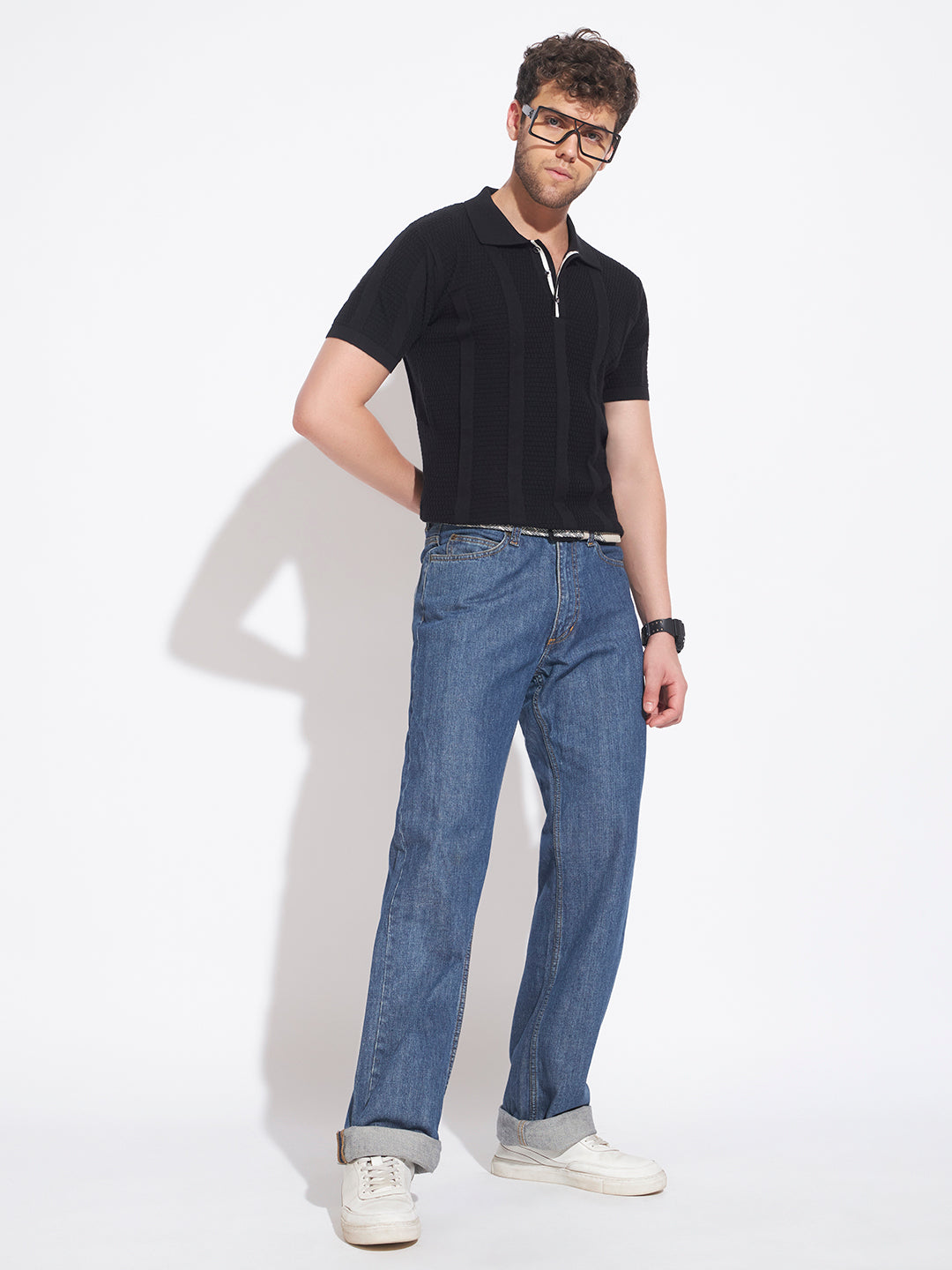AEDENBURG Men Mixed Texture Waffle & Rib Panel Polo Slim Fit Knitted Cotton Blend T-Shirt