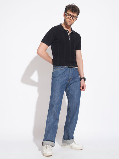 AEDENBURG Men Mixed Texture Waffle & Rib Panel Polo Slim Fit Knitted Cotton Blend T-Shirt