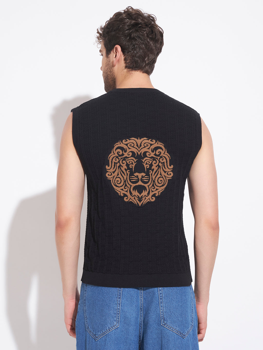 AEDENBURG Men Mixed Texture Panel Round Neck Sleeveless Regular Fit Knitted Cotton Blend Vest