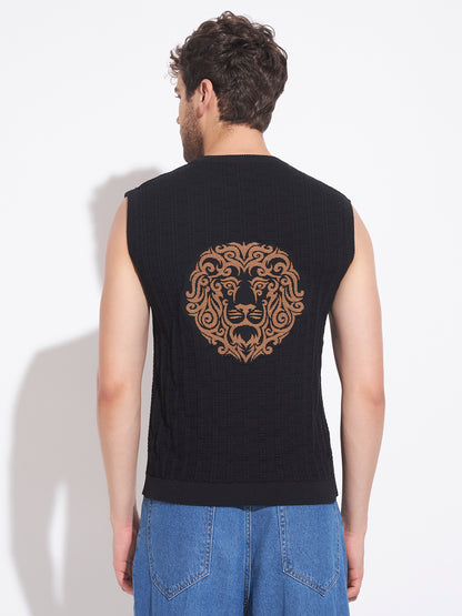 AEDENBURG Men Mixed Texture Panel Round Neck Sleeveless Regular Fit Knitted Cotton Blend Vest