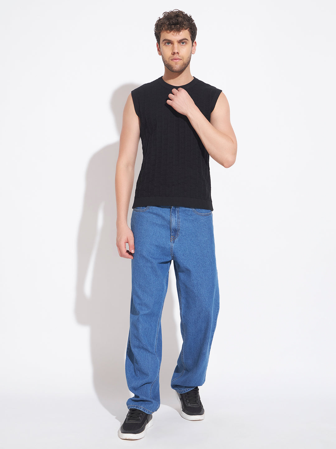 AEDENBURG Men Mixed Texture Panel Round Neck Sleeveless Regular Fit Knitted Cotton Blend Vest