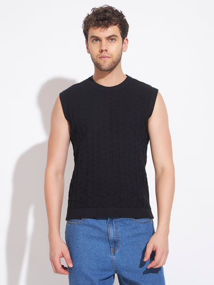 AEDENBURG Men Mixed Texture Panel Round Neck Sleeveless Regular Fit Knitted Cotton Blend Vest