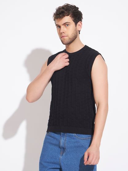 AEDENBURG Men Mixed Texture Panel Round Neck Sleeveless Regular Fit Knitted Cotton Blend Vest
