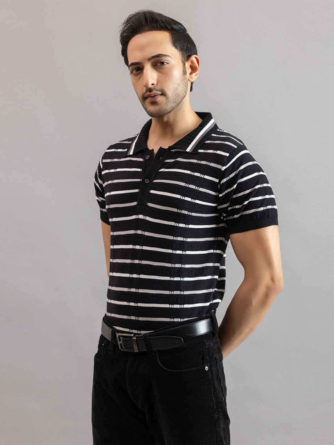 HOMME FINE KNIT STRIPE POLO