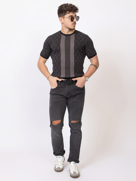 ROUND NECK CENTER STRIPES JAQUARD