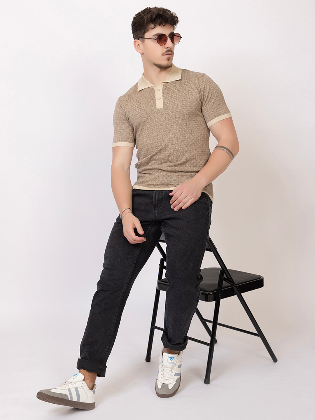COTTON MARBLE CHECK FINE KNIT POLO