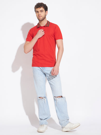 AEDENBURG Men Contrast Jacquard-Stripe Collar Polo Regular Fit Knitted Cotton Blend T-Shirt
