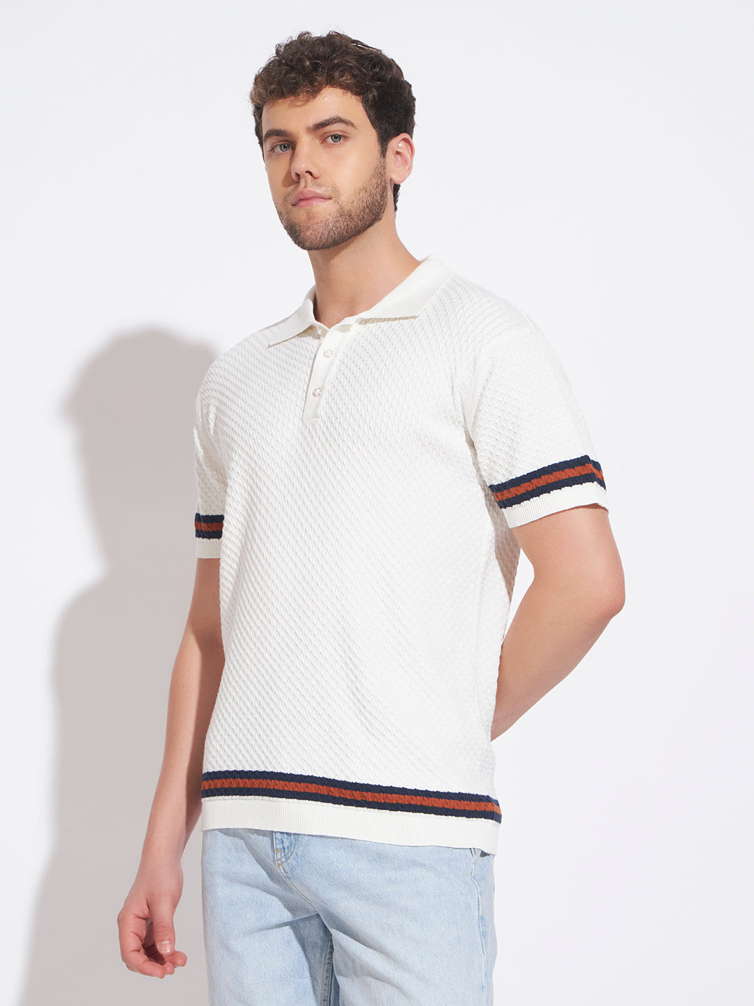 AEDENBURG Men Cable Knit Stripe Tipping Polo Regular Fit Cotton Blend T-Shirt