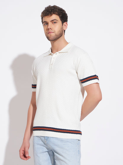 AEDENBURG Men Cable Knit Stripe Tipping Polo Regular Fit Cotton Blend T-Shirt
