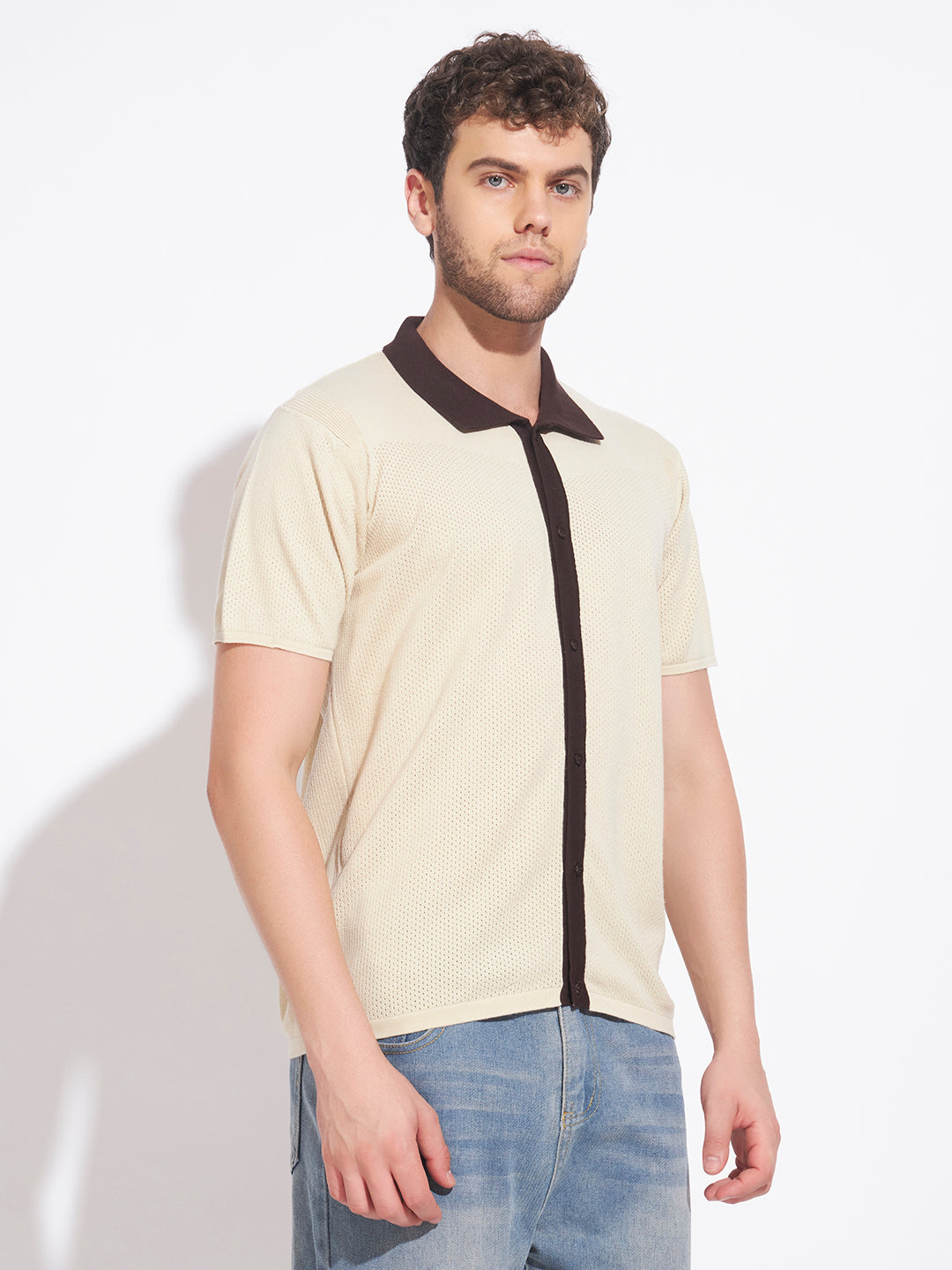 AEDENBURG Men Cream Knitted Cotton Blend T-Shirt