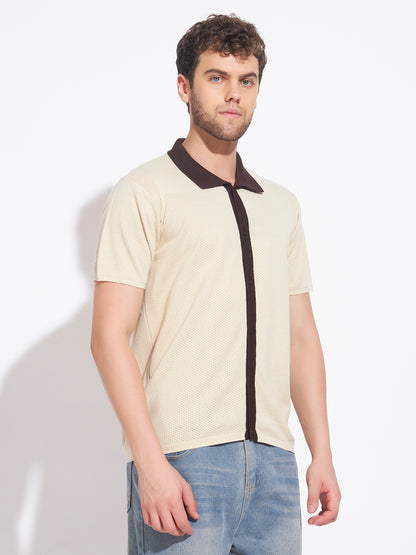 AEDENBURG Men Cream Knitted Cotton Blend T-Shirt