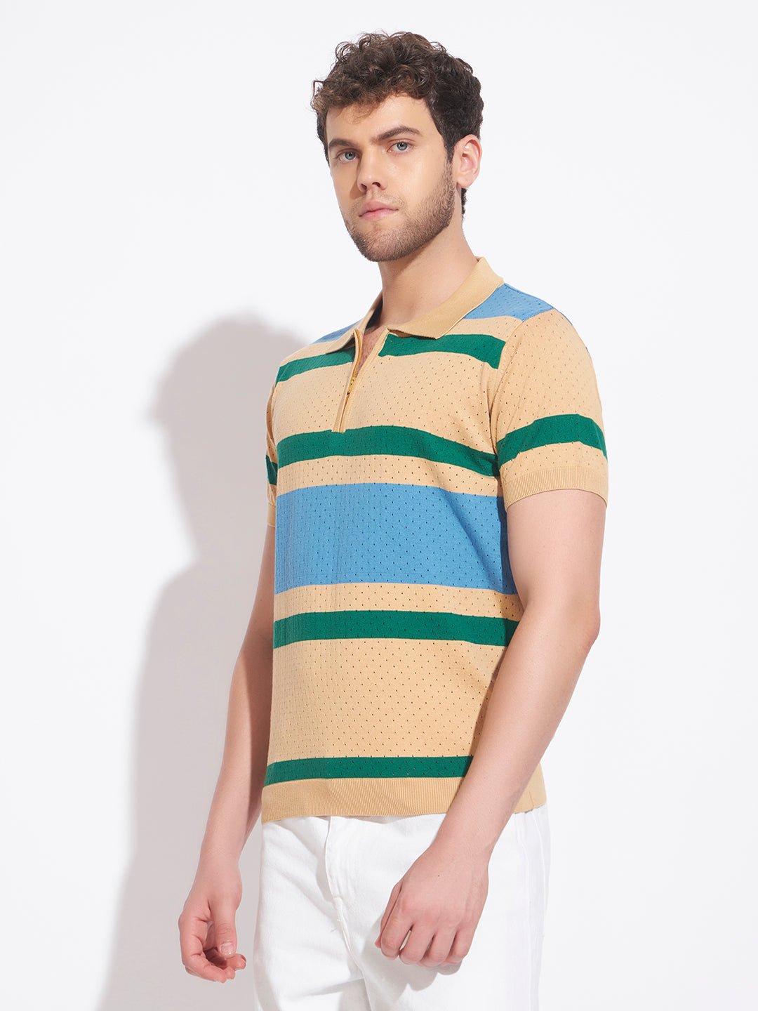 AEDENBURG Men Beige Knitted Cotton Blend T-Shirt