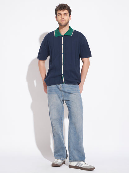 AEDENBURG Men Blue Knitted Cotton Blend T-Shirt