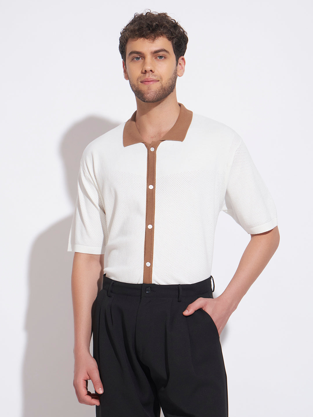 AEDENBURG Men White Knitted Cotton Blend T-Shirt