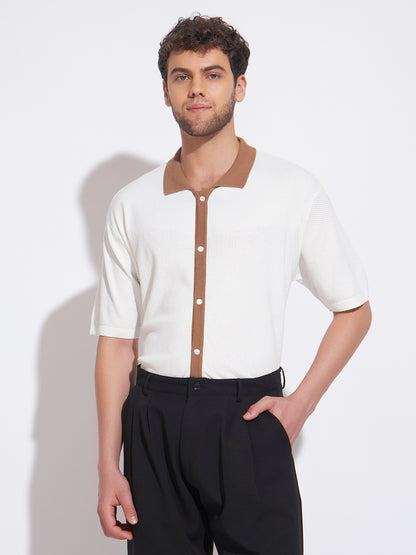 AEDENBURG Men White Knitted Cotton Blend T-Shirt