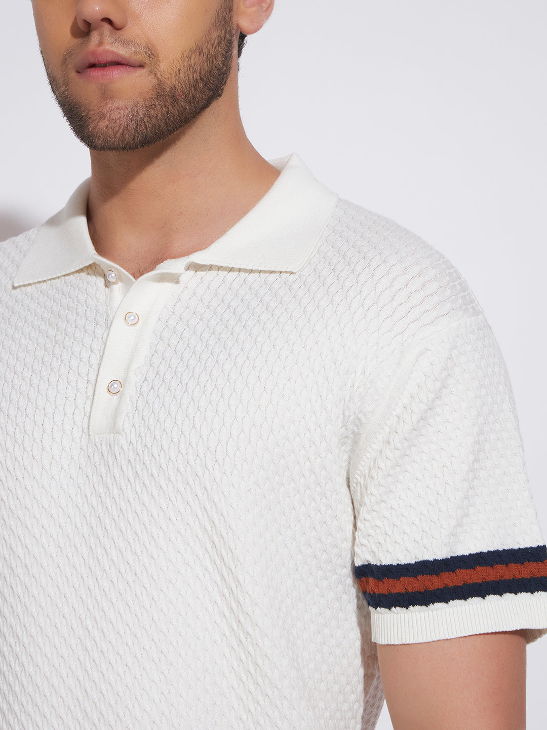 AEDENBURG Men Cable Knit Stripe Tipping Polo Regular Fit Cotton Blend T-Shirt