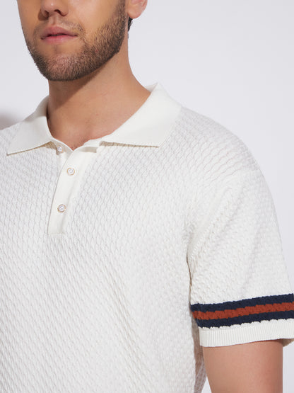 AEDENBURG Men Cable Knit Stripe Tipping Polo Regular Fit Cotton Blend T-Shirt