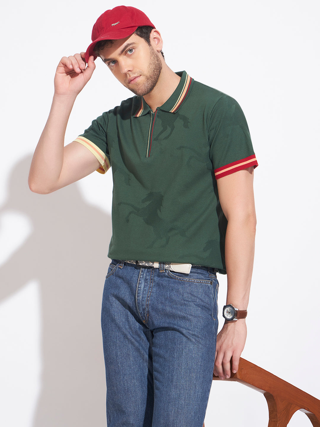 AEDENBURG Men Jacquard Camo Zip Placket Stripe Tipping Polo Regular Fit T-Shirt