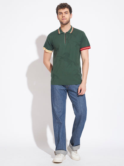 AEDENBURG Men Jacquard Camo Zip Placket Stripe Tipping Polo Regular Fit T-Shirt