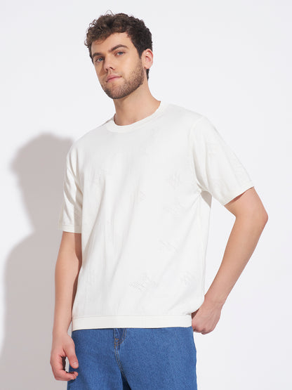 AEDENBURG Men White Knitted Cotton Blend T-Shirt