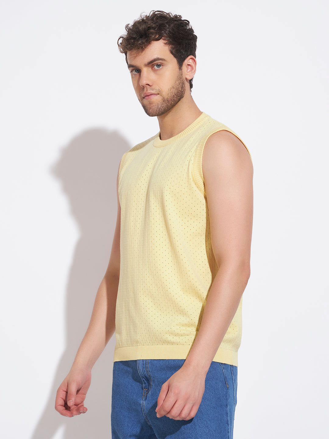 AEDENBURG Men Yellow Knitted Cotton Blend T-Shirt