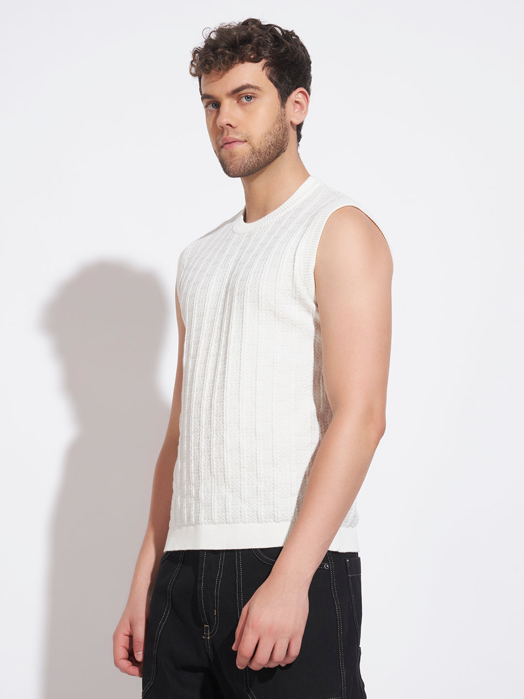 AEDENBURG Men White Knitted Cotton Blend T-Shirt