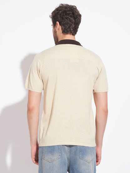 AEDENBURG Men Cream Knitted Cotton Blend T-Shirt
