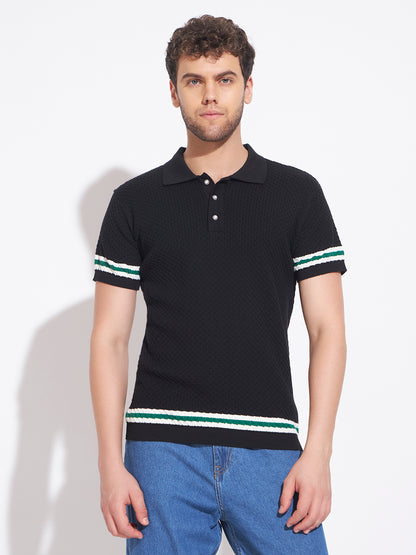 AEDENBURG Men Black Knitted Cotton Blend T-Shirt