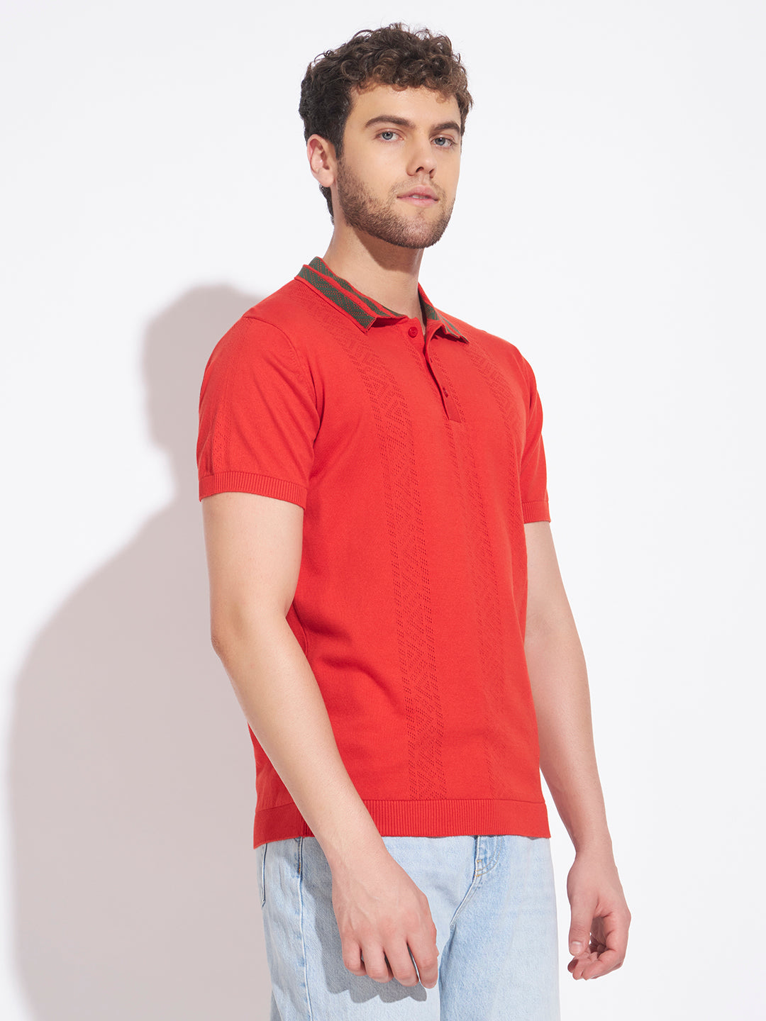 AEDENBURG Men Contrast Jacquard-Stripe Collar Polo Regular Fit Knitted Cotton Blend T-Shirt
