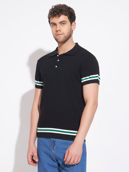 AEDENBURG Men Black Knitted Cotton Blend T-Shirt