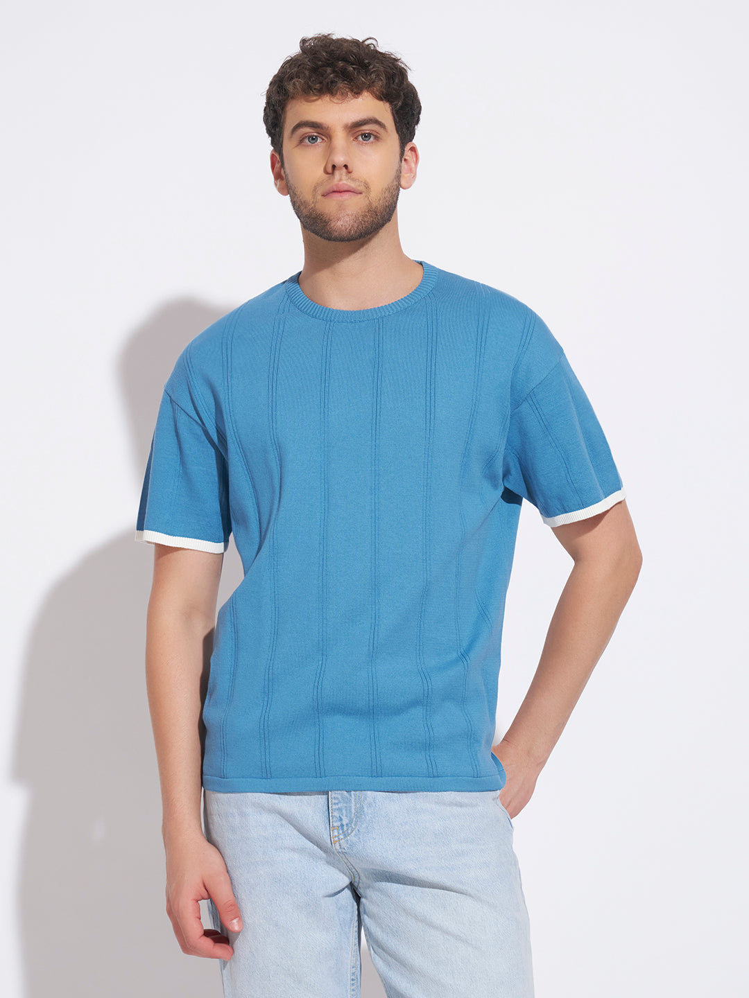 AEDENBURG Men Blue Knitted Cotton Blend T-Shirt